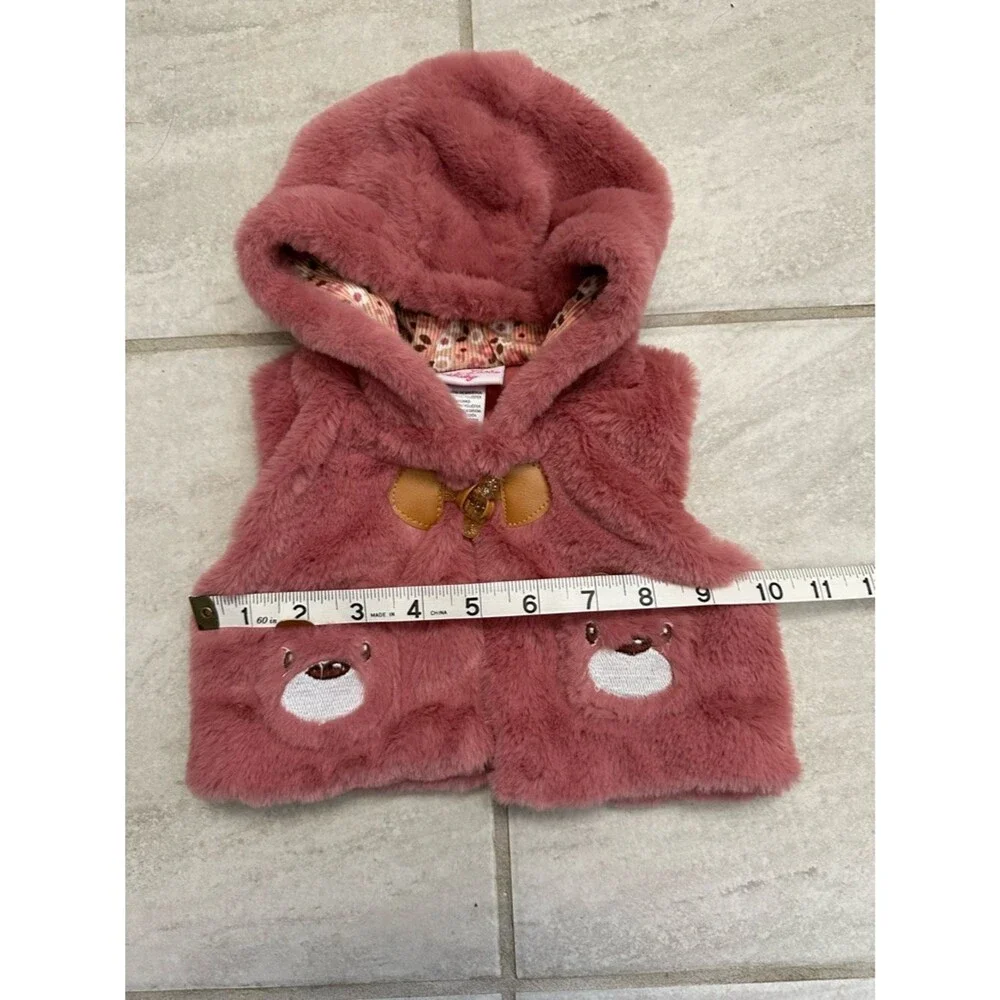 Little Lass Baby Girl Pink Plush Hooded Baby Vest Bear Pockets Size 0-3M Cute